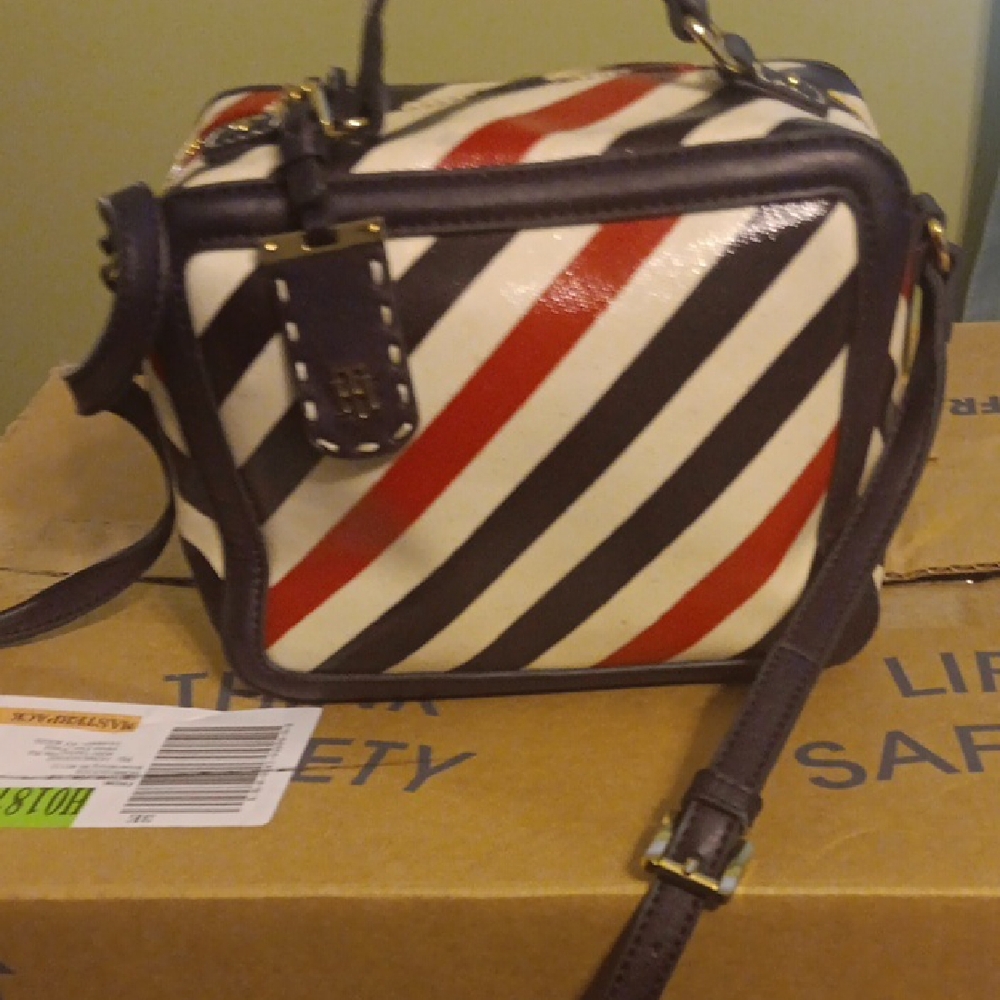 Tommy Hilfiger Red and Navy Striped Crossbody Bag